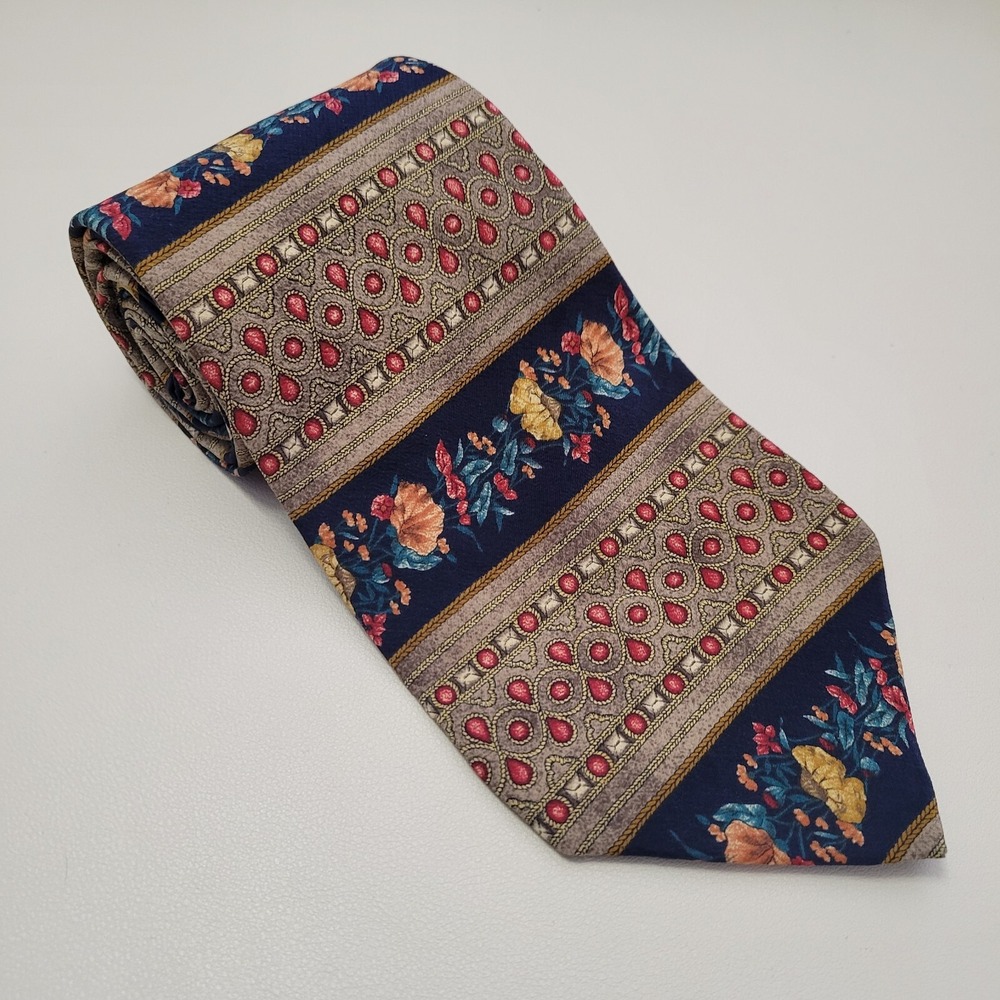 METROPOLITAN MUSEUM OF ART KHAKI RED FLORAL‎ STRIPE SILK NECKTIE TIE